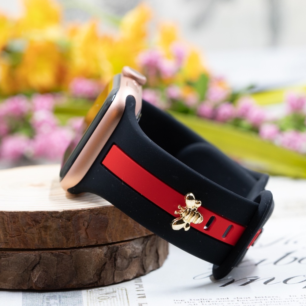 Apple Watch Band, Black and Red Stripes Silicone Strap w/ Bee Stud - Picture 1 of 5